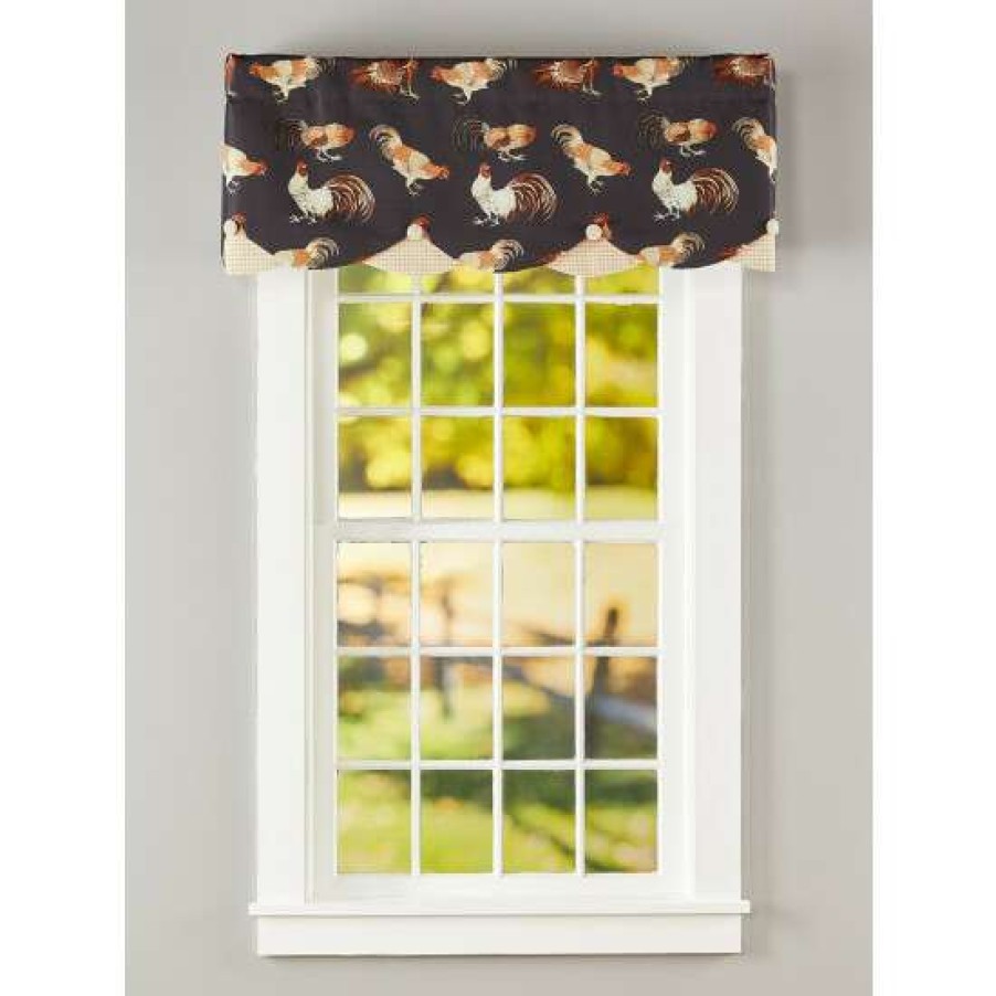 Valances * | Best Pirce Vermont Country Store Roosters On Parade Layered Button Valance Black