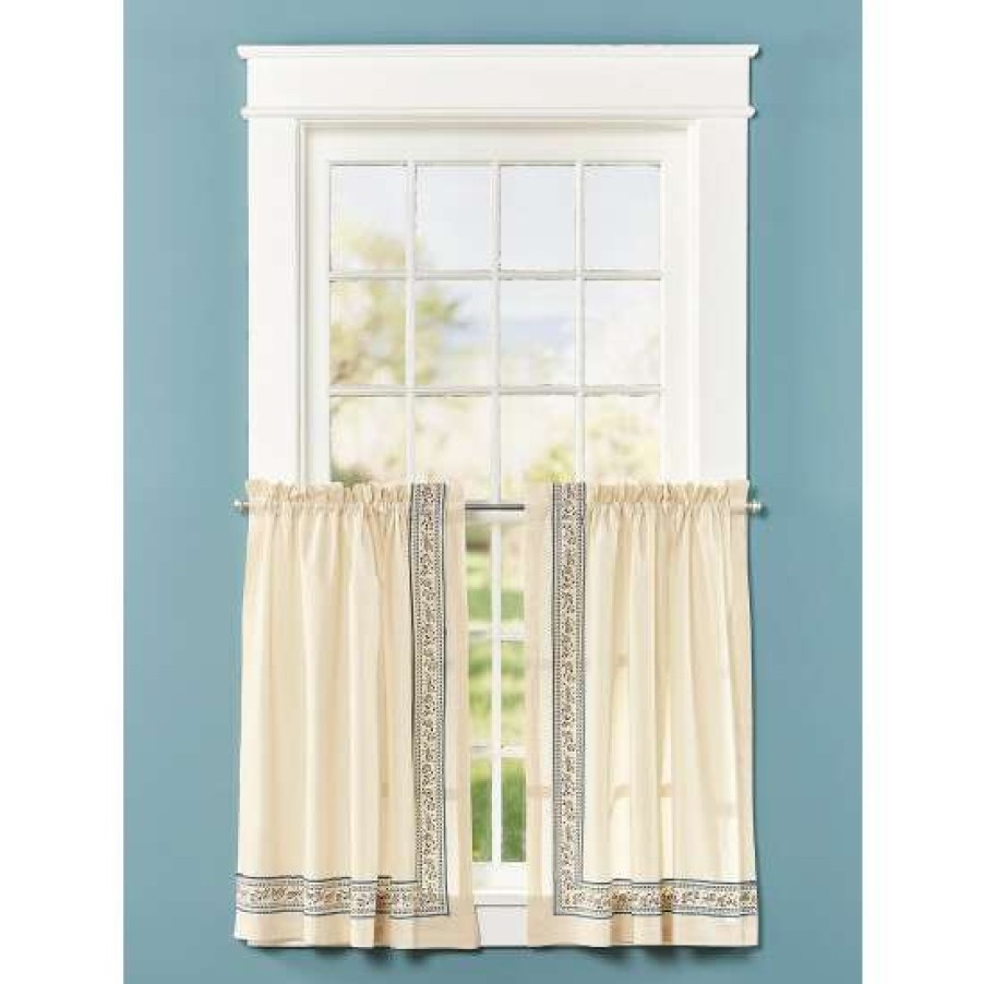 Curtains & Drapes * | Discount Vermont Country Store Stenciled Border Rod Pocket Tiers Muslin