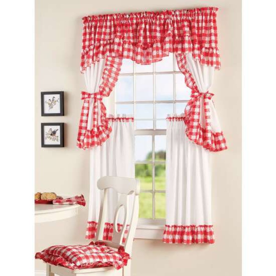 Valances * | New Vermont Country Store Gingham Blossom Rod Pocket Window Topper Red