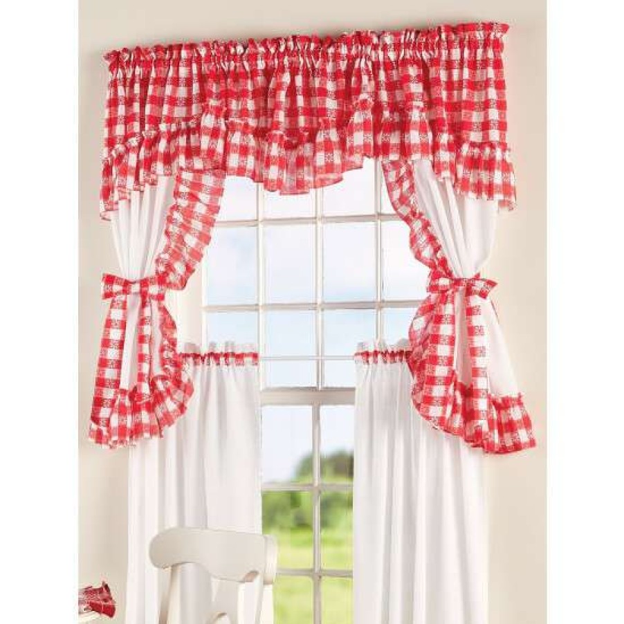 Valances * | New Vermont Country Store Gingham Blossom Rod Pocket Window Topper Red